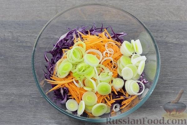 Салат из краснокочанной капусты со свежей морковью и сметанно-сырной заправкой